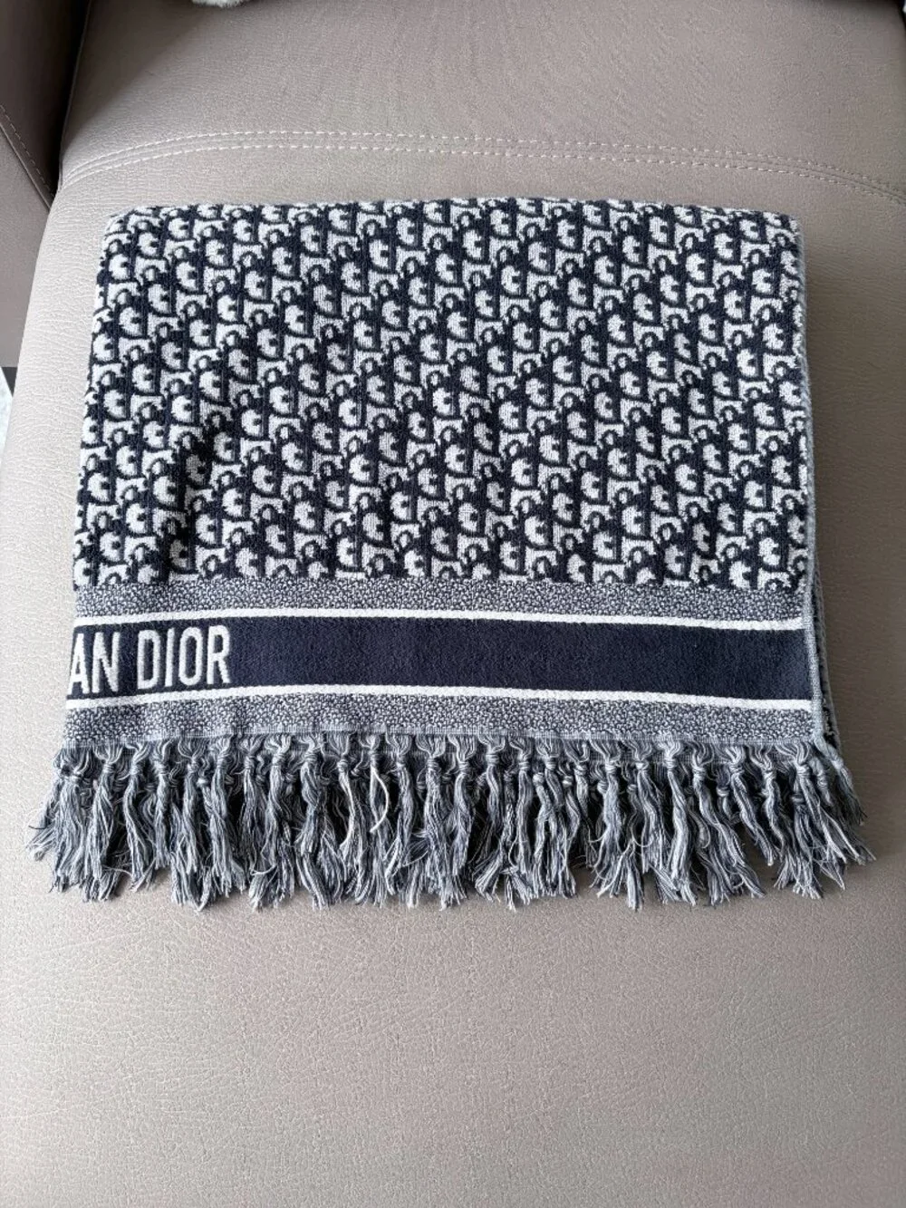 Christian Dior Navy Blue Oblique Beach Towel With Tassel Fringe